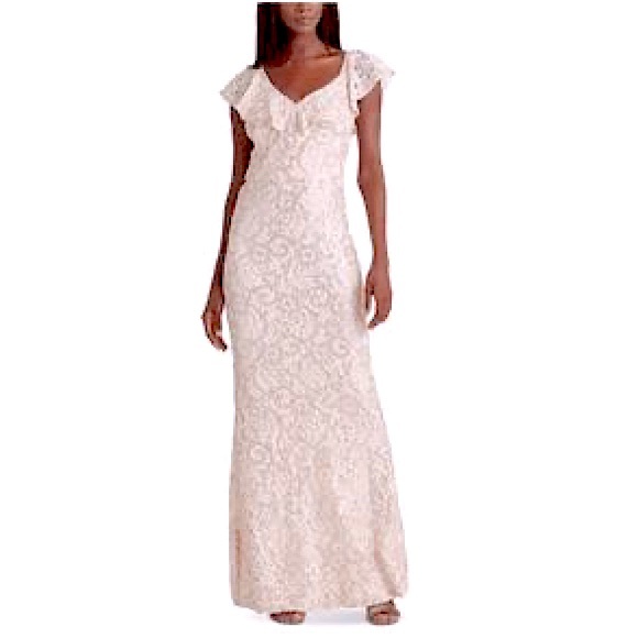 NWT RALPH LAUREN Lace Pink Rose Flutter V Neck Full-Length Evening Dress Size 2 - Picture 2 of 12